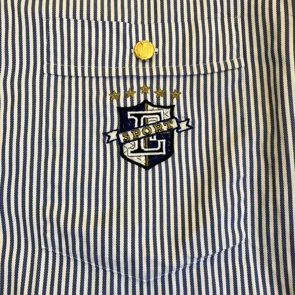 Escada Sport Vintage Blue & White Striped Long Sleeve Crested Button-up Shirt - Picture 15 of 16